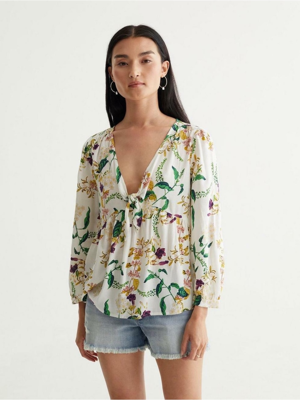 Lucky Brand Malia Floral Tie-Front V-Neck Blouse